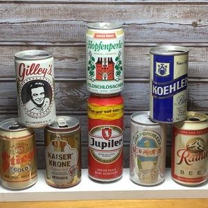 8 empty Beer cans from around the world. Vintage